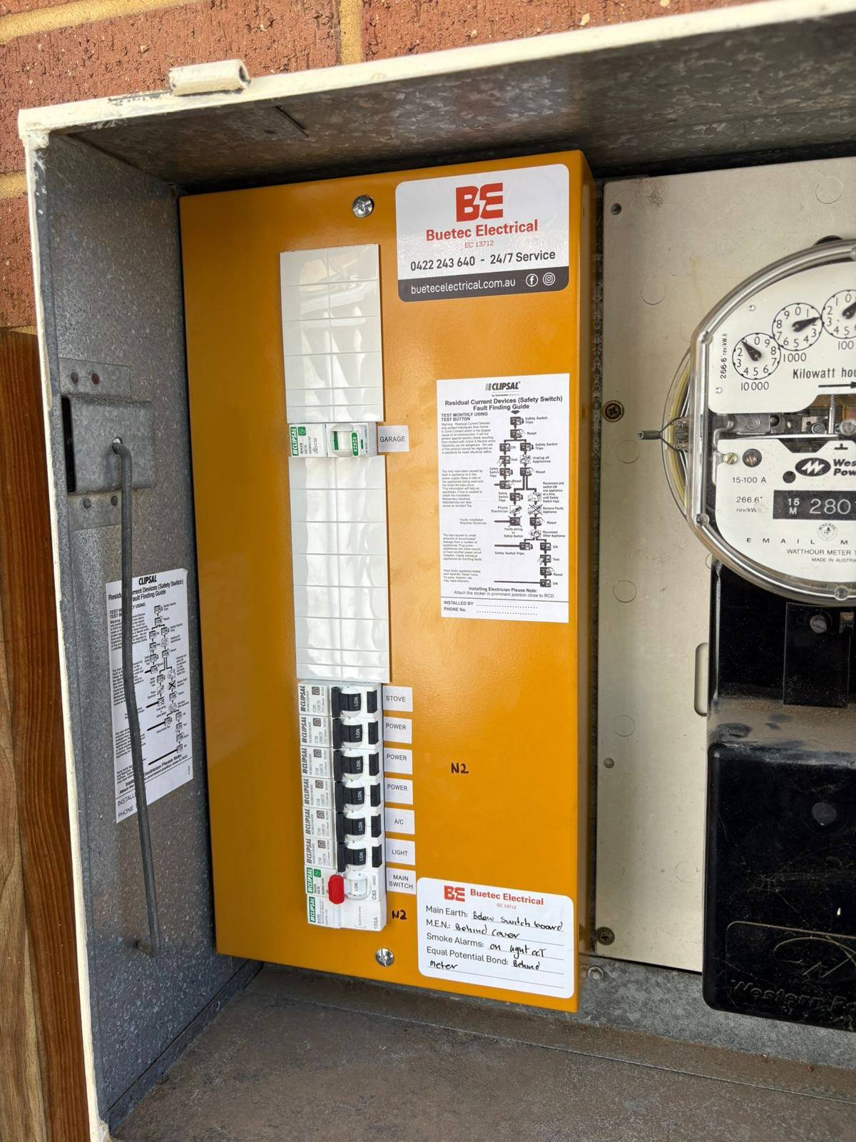 Finished switchboard upgrade with Buetec Electrical branding, Perth